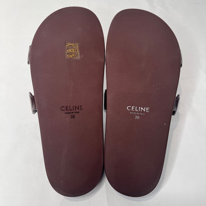 CELINE Triomphe Leather Slide Sandals Brown Size 39