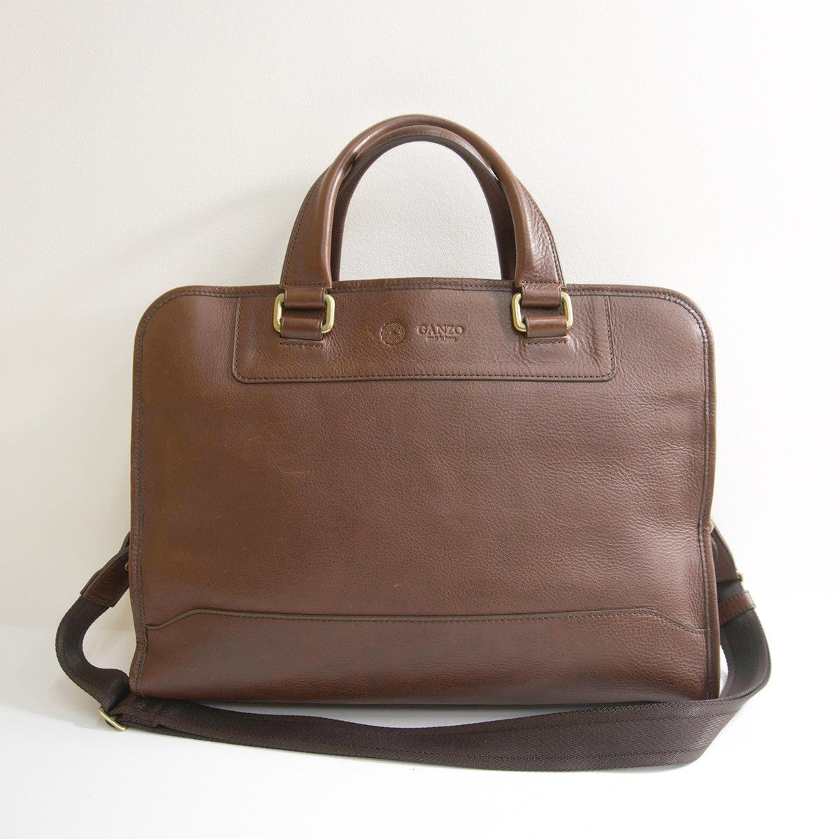 GANZO 7QS Leather 2-Way Briefcase Brown Bag