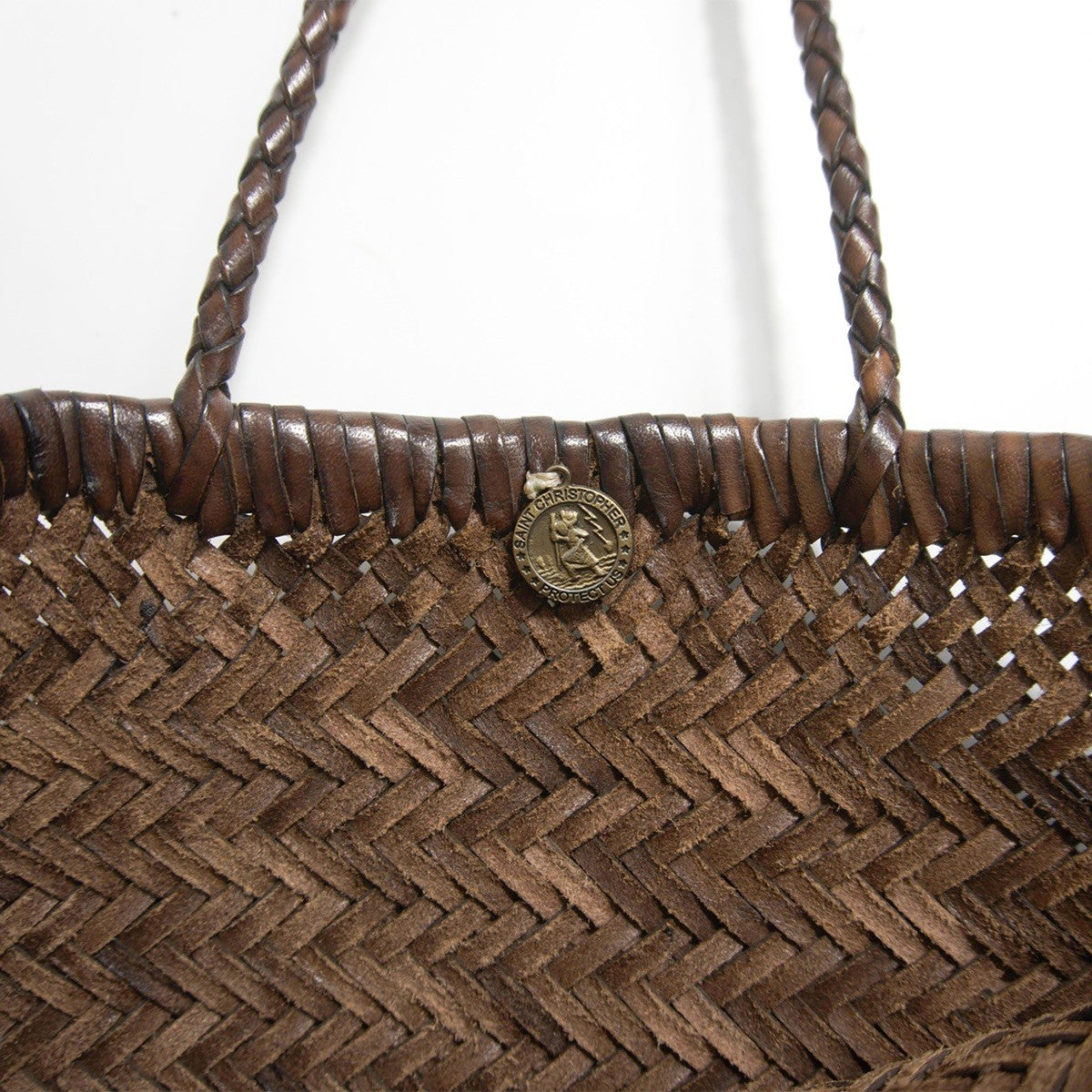 DRAGON Brown Leather Mesh Woven Hand Bag
