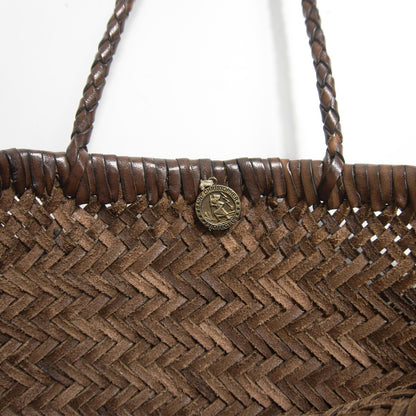 DRAGON Brown Leather Mesh Woven Hand Bag