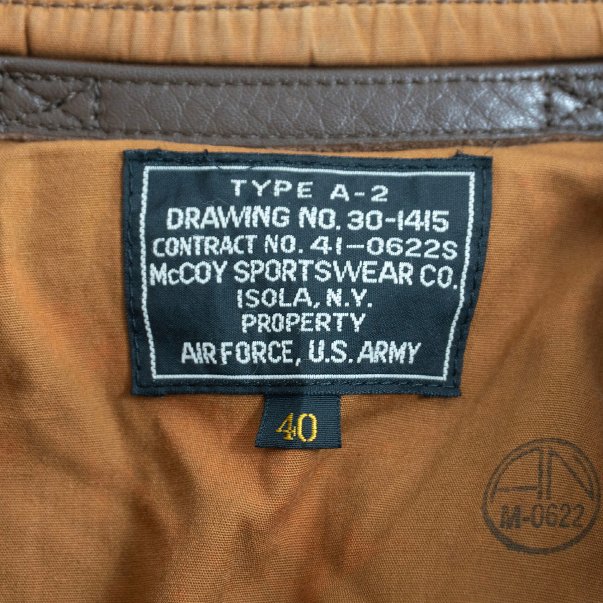 REAL McCOY Vintage A-2 Flight Leather Jacket Size 40