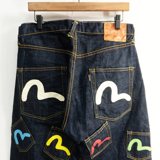 EVISU LOT.2001 Dark Wash Multi Pocket Jeans Size 32×35