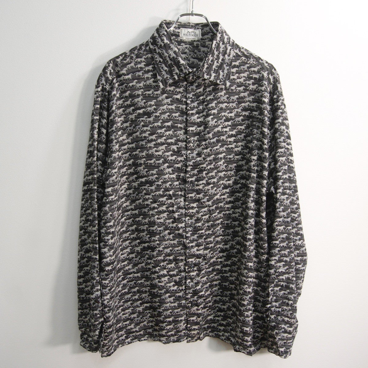 HERMES Sellier Button All-Over Pattern Silk Shirt Size 44