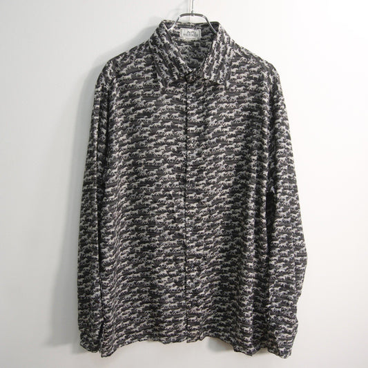 HERMES Sellier Button All-Over Pattern Silk Shirt Size 44