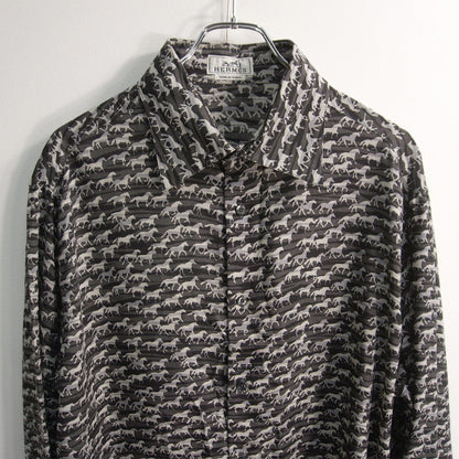 HERMES Sellier Button All-Over Pattern Silk Shirt Size 44