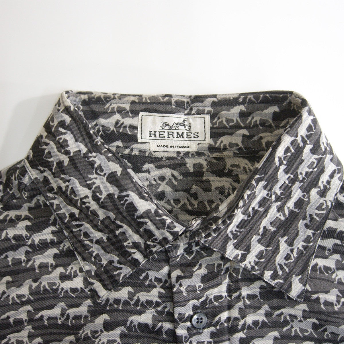 HERMES Sellier Button All-Over Pattern Silk Shirt Size 44