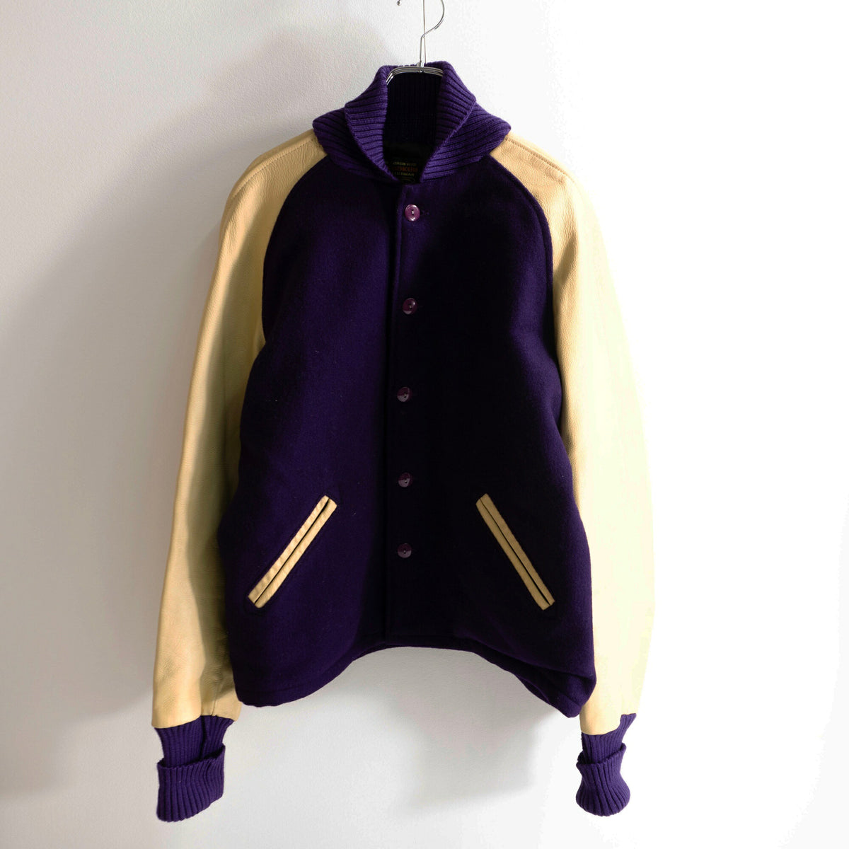 SKOOKUM Melton Leather Varsity Jacket Purple Ecru Size 40