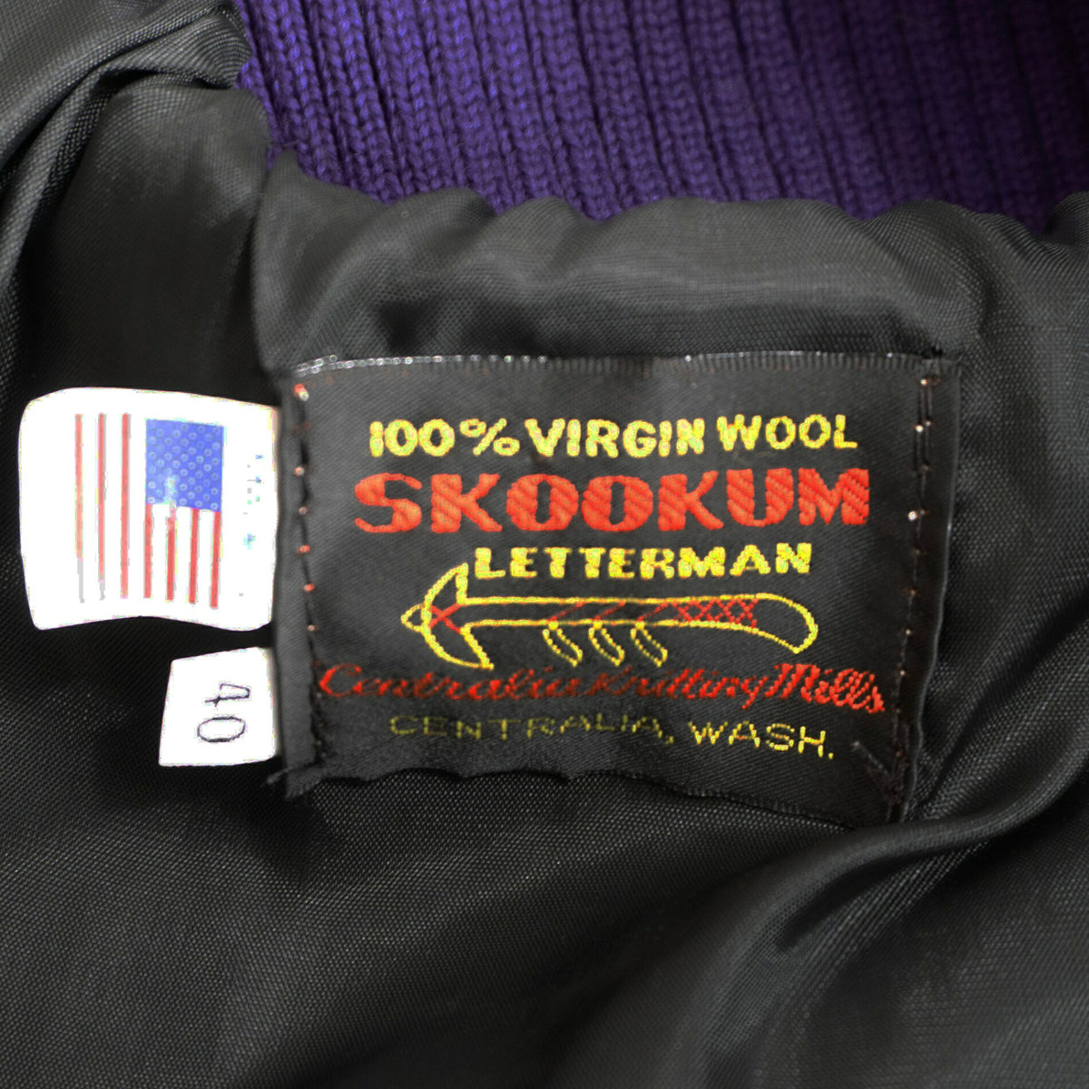 SKOOKUM Melton Leather Varsity Jacket Purple Ecru Size 40