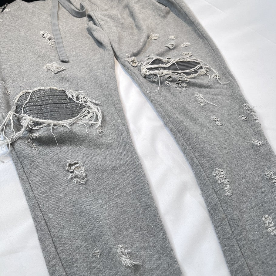AMIRI Distressed Leather Patch Biker Sweatpants Gray Size M