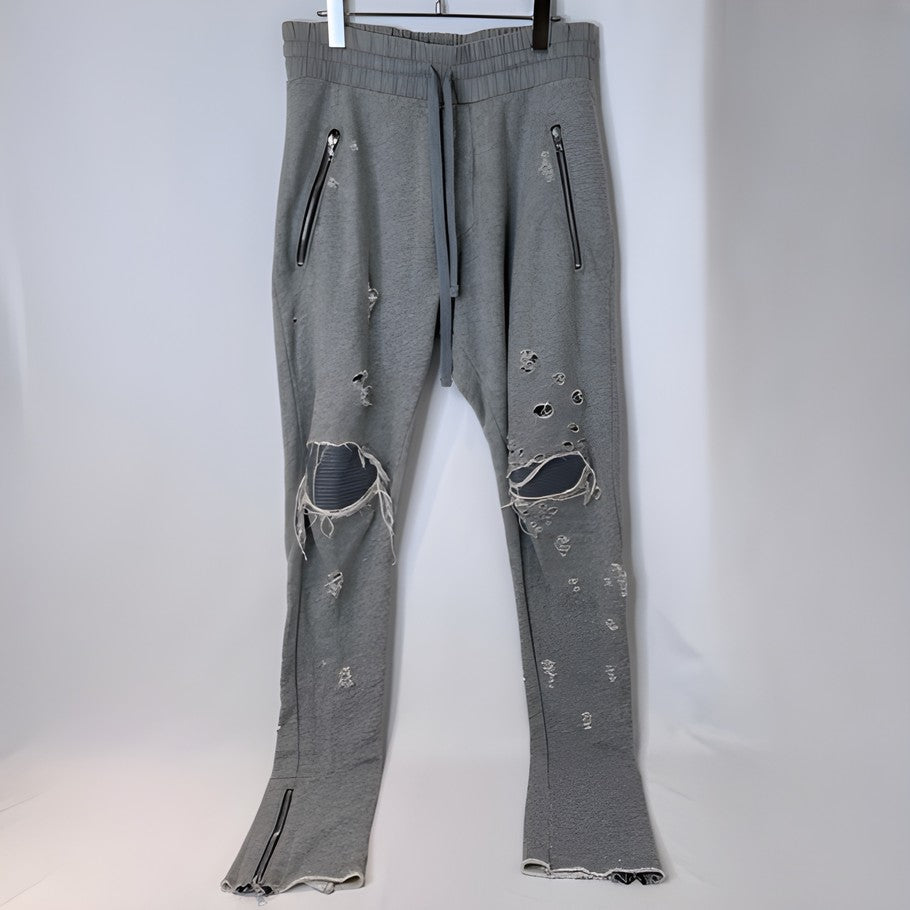 AMIRI Distressed Leather Patch Biker Sweatpants Gray Size M