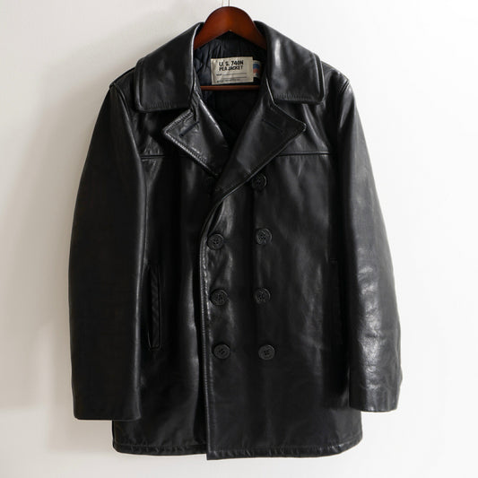 SCHOTT 140 Black Leather Pea Coat Size 38