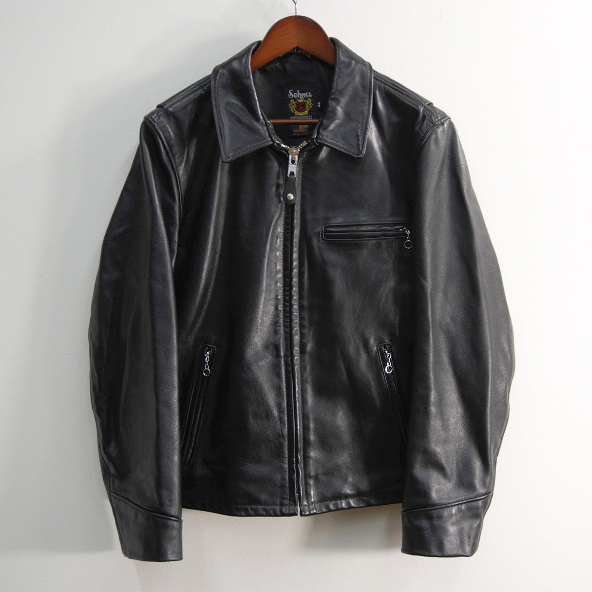 SCHOTT 103US Black Collared Single Leather Jacket Size 42