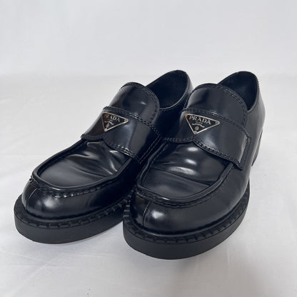 PRADA Plate Logo Black Leather Loafers Size 24.5cm