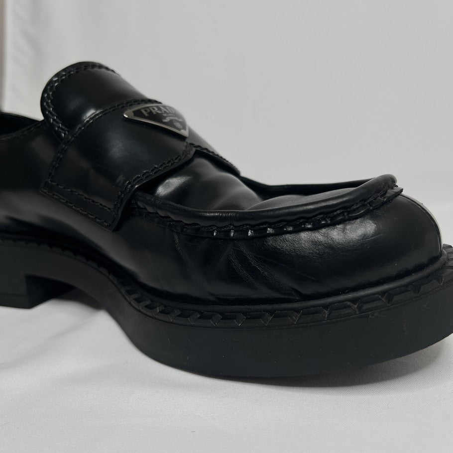 PRADA Plate Logo Black Leather Loafers Size 24.5cm