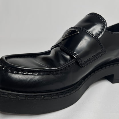 PRADA Plate Logo Black Leather Loafers Size 24.5cm