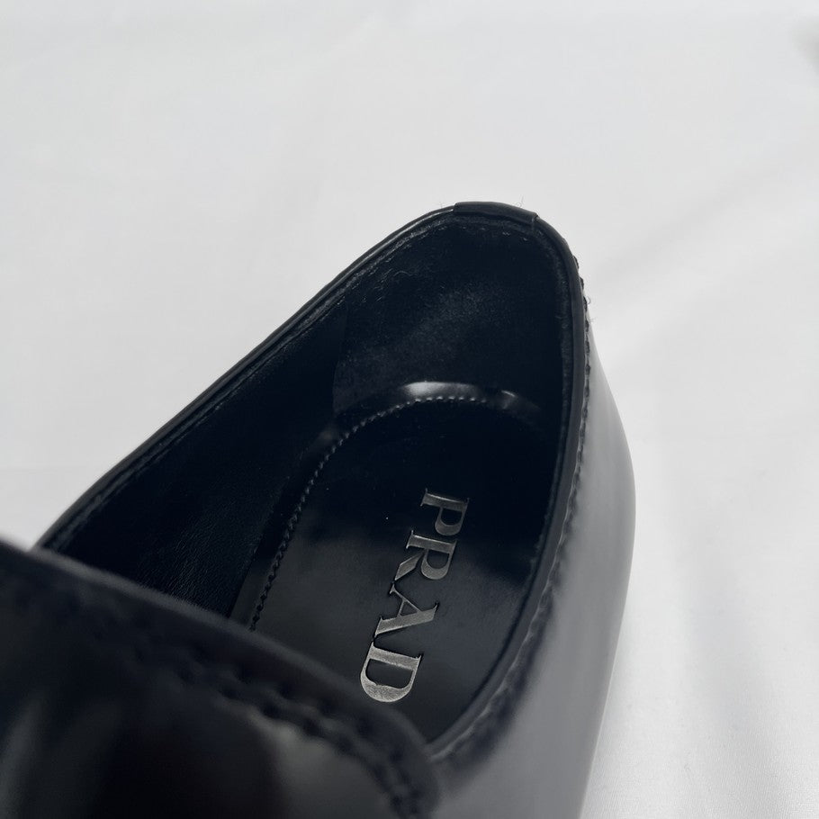 PRADA Plate Logo Black Leather Loafers Size 24.5cm