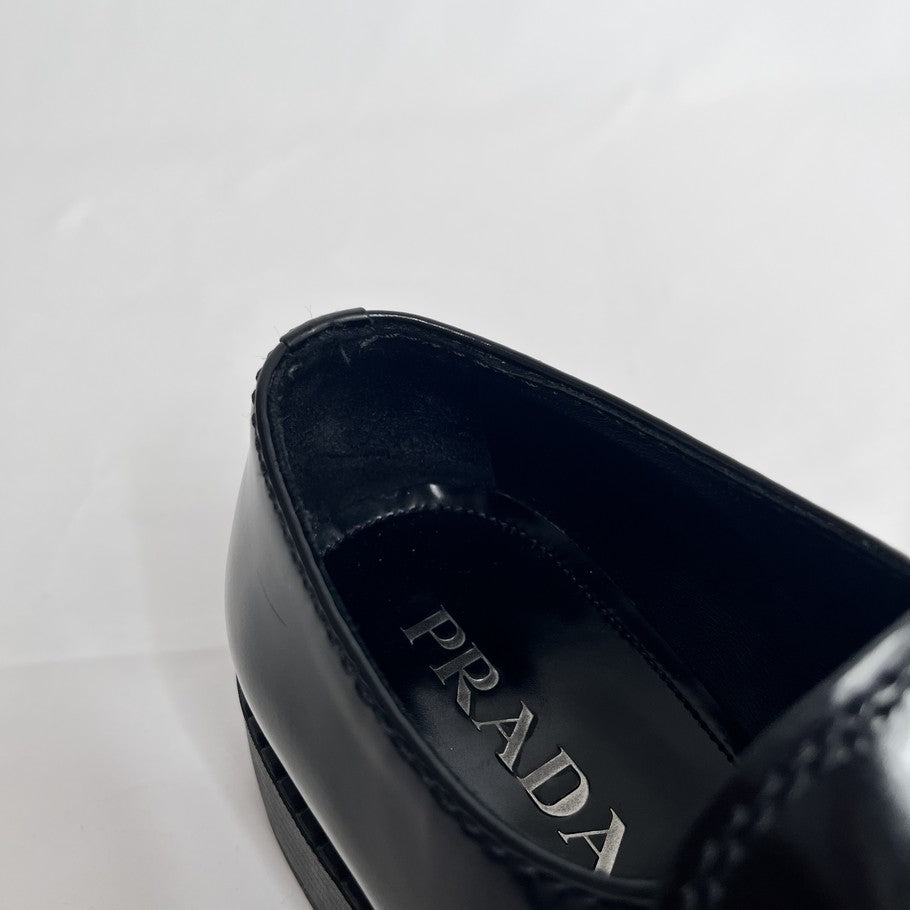 PRADA Plate Logo Black Leather Loafers Size 24.5cm