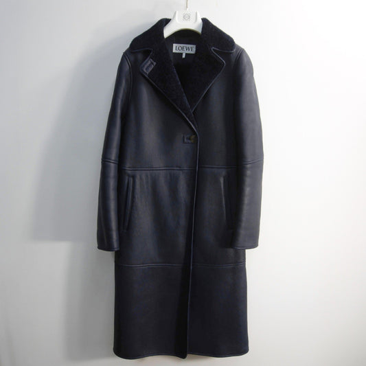 LOEWE Lambskin Shearling Long Coat Navy Size 34