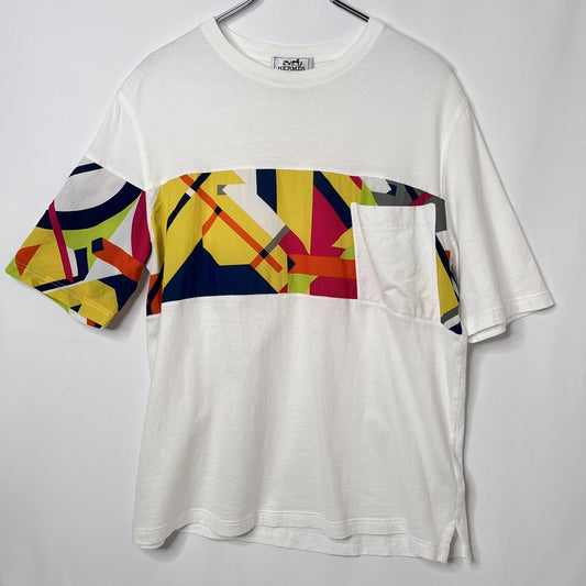 HERMES Printed Stripe Pocket Cotton T-Shirt White Size M