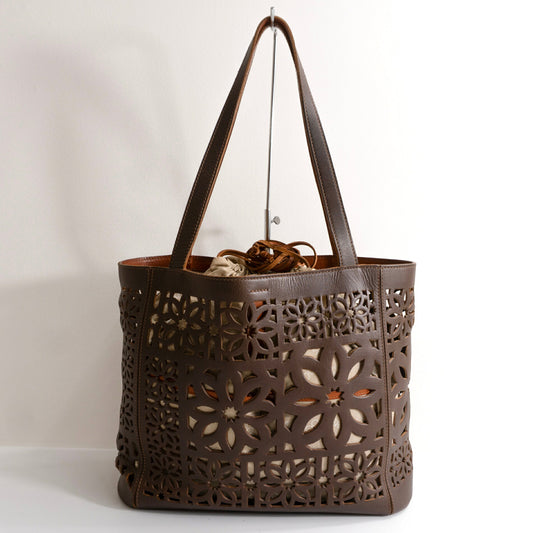 GENTEN Cutwork Leather Tote Bag Brown