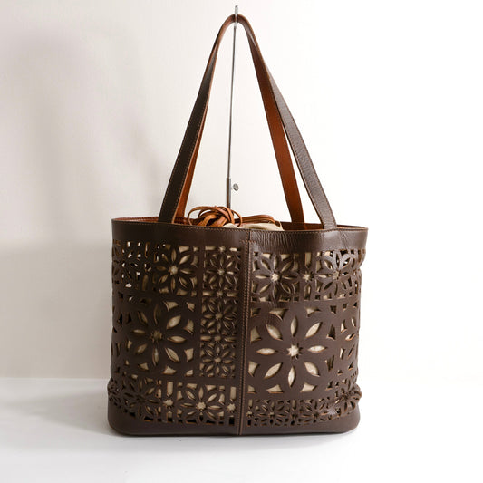 GENTEN Cutwork Leather Tote Bag Brown