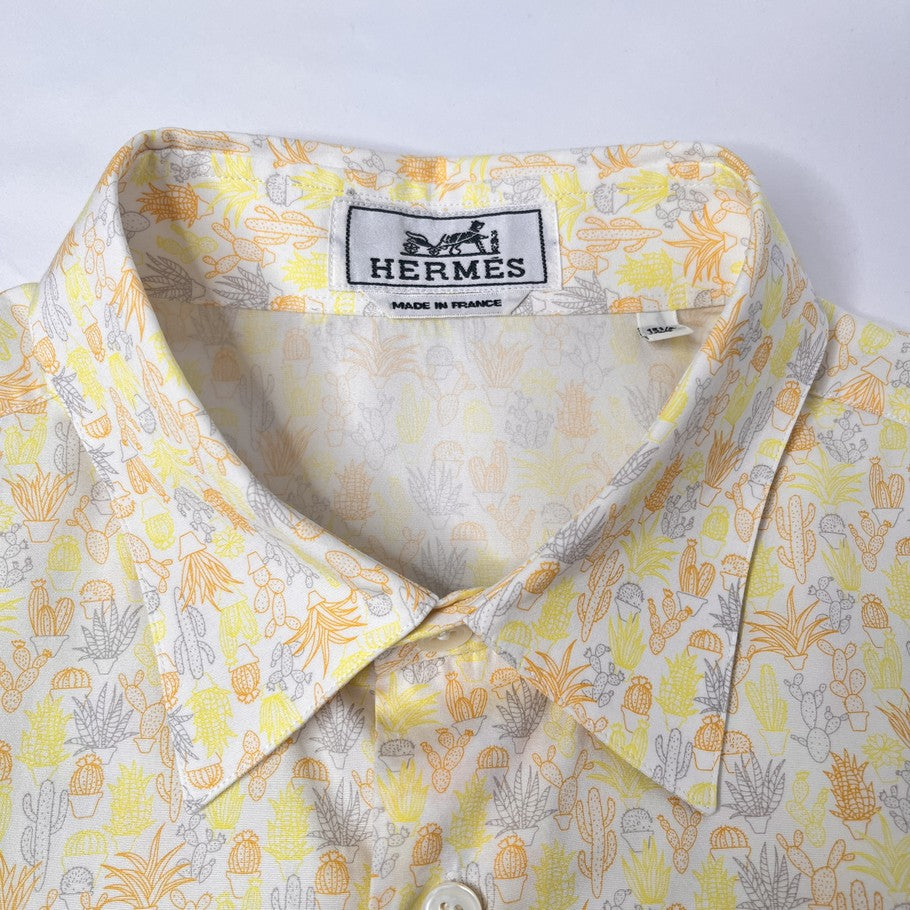 HERMES Cactus Botanical Print Long Sleeve Shirt Yellow Orange Size M