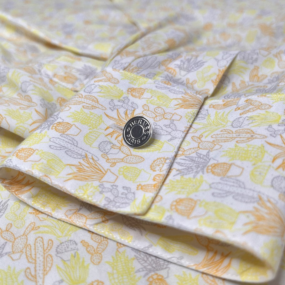 HERMES Cactus Botanical Print Long Sleeve Shirt Yellow Orange Size M