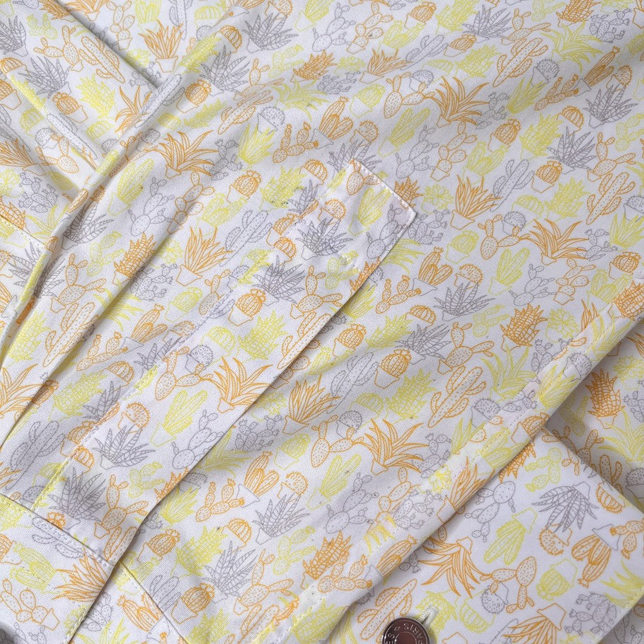 HERMES Cactus Botanical Print Long Sleeve Shirt Yellow Orange Size M
