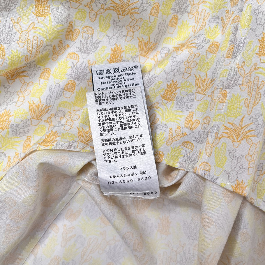 HERMES Cactus Botanical Print Long Sleeve Shirt Yellow Orange Size M