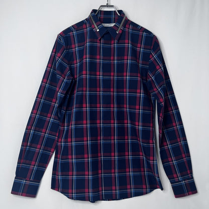 GIVENCHY Zipper Check Long Sleeve Shirt Navy Size 37
