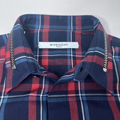 GIVENCHY Zipper Check Long Sleeve Shirt Navy Size 37