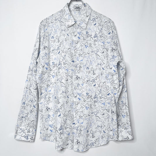 HERMES White Horse Dragon Print Long Sleeve Shirt White Blue Size M