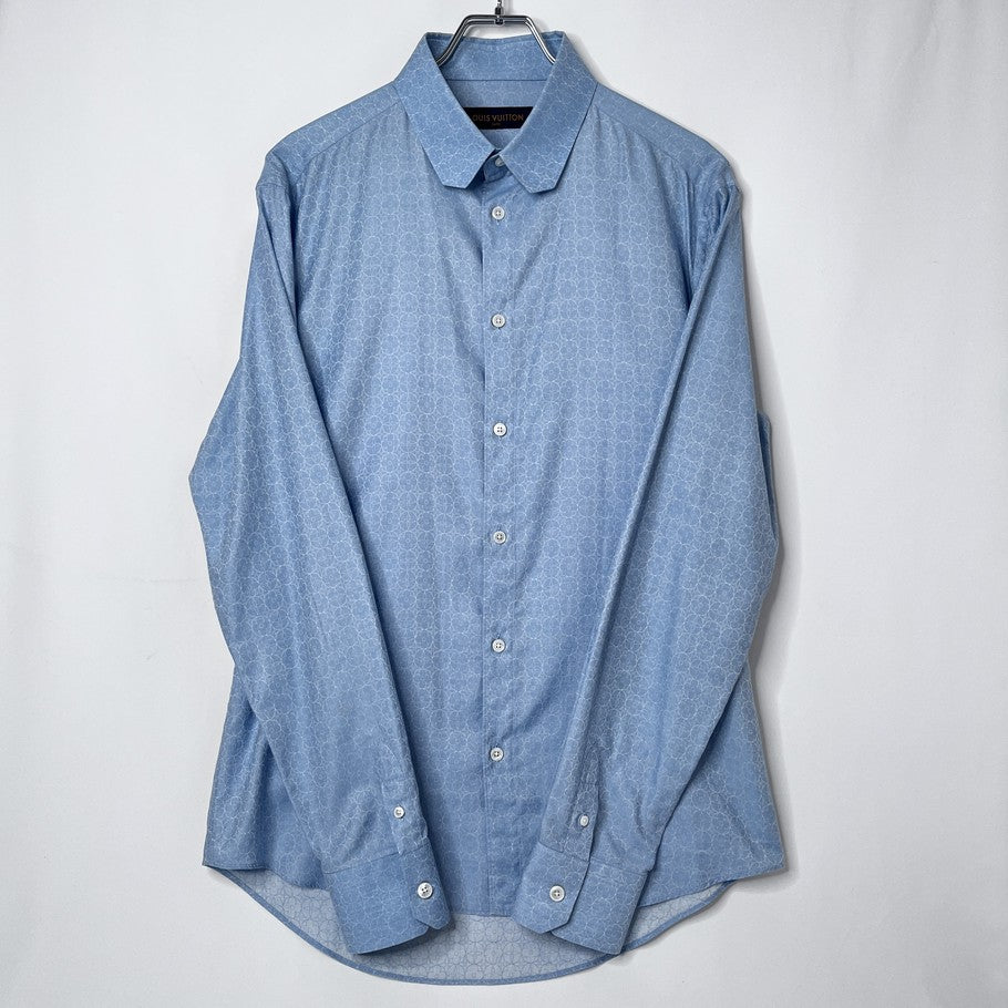 LOUIS VUITTON Monogram Flower Patterned Long Sleeve Light Blue Shirt Size L