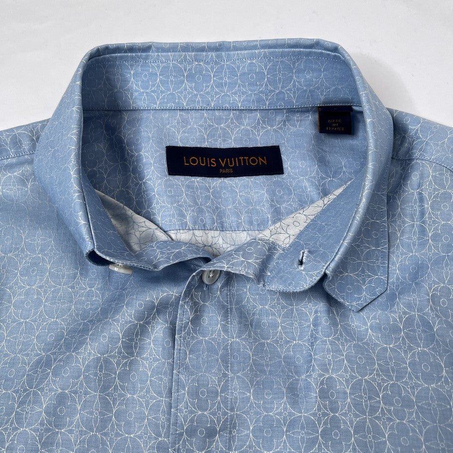 LOUIS VUITTON Monogram Flower Patterned Long Sleeve Light Blue Shirt Size L