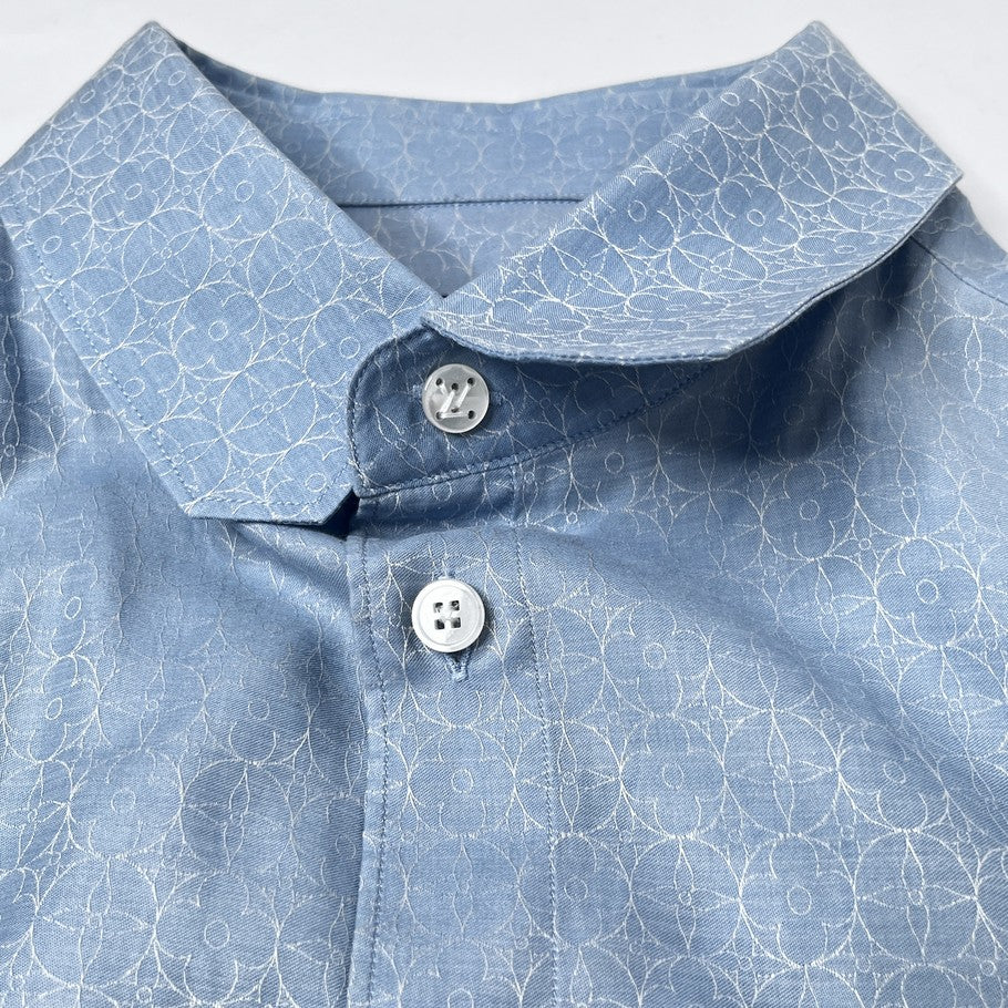 LOUIS VUITTON Monogram Flower Patterned Long Sleeve Light Blue Shirt Size L