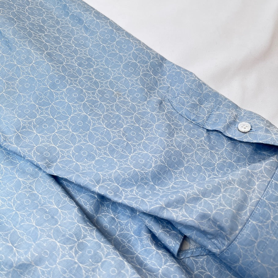 LOUIS VUITTON Monogram Flower Patterned Long Sleeve Light Blue Shirt Size L