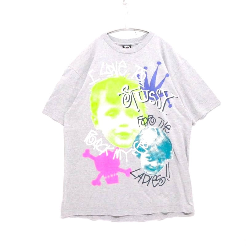 STUSSY 00s Rock My Gold Kids Photo T-Shirt Gray Size L