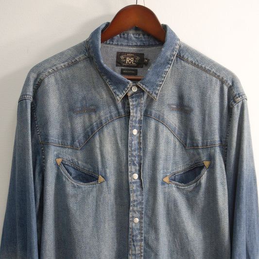 RRL Vintage Wash Denim Western Shirt Size XXL