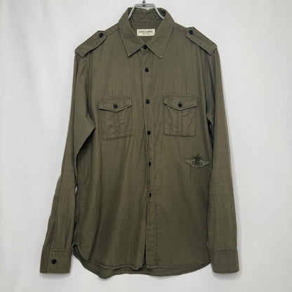 SAINT LAURENT Military Long Sleeve Cotton Shirt Khaki