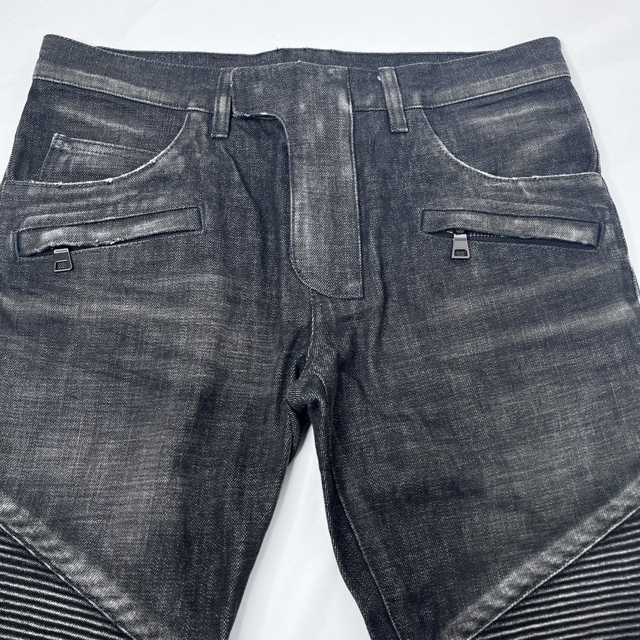 BALMAIN Biker Rib Skinny Denim Black Jeans