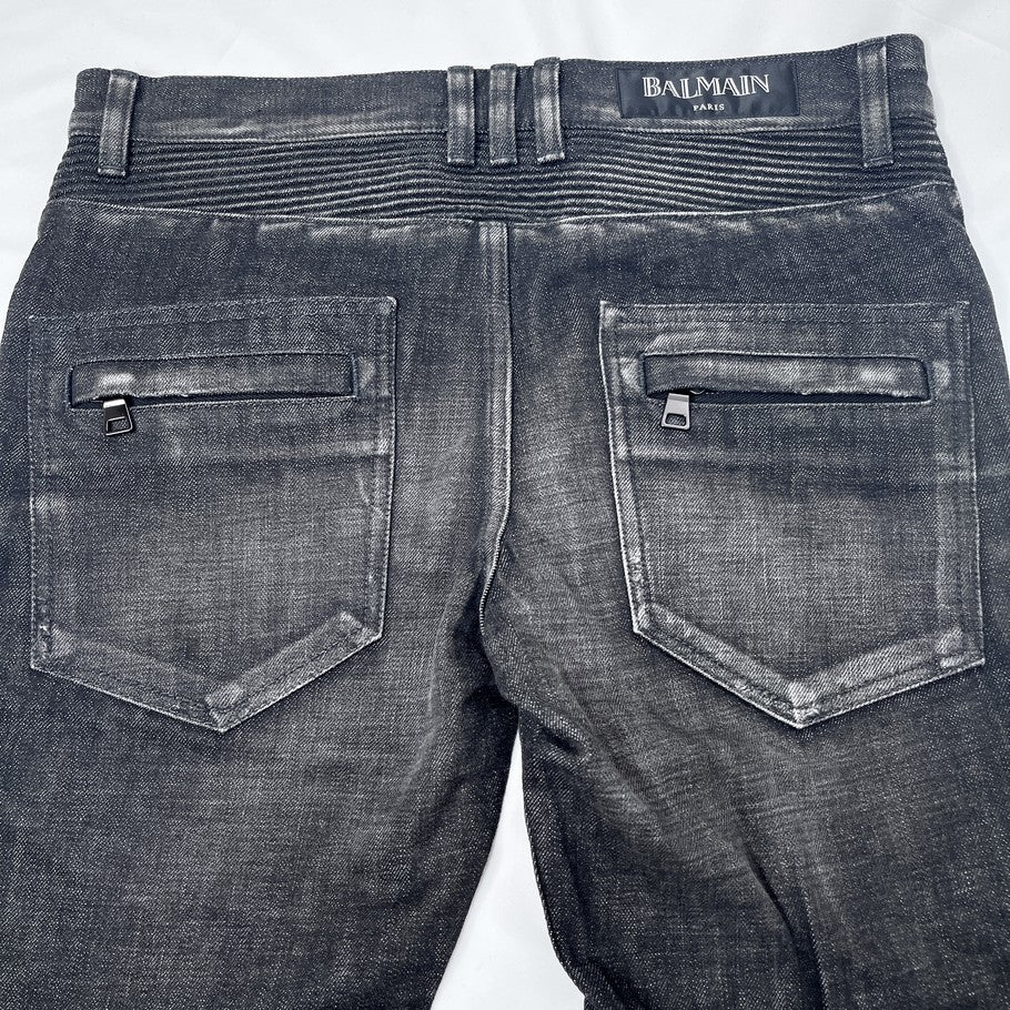 BALMAIN Biker Rib Skinny Denim Black Jeans