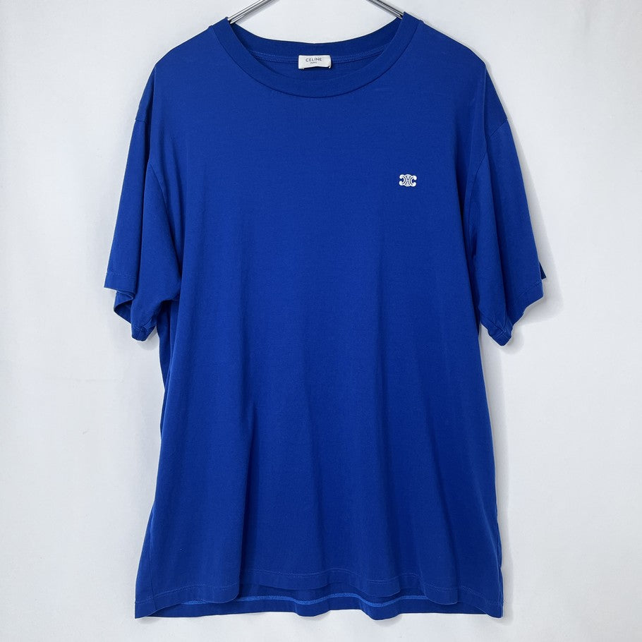 CELINE Triomphe Embroidered Cotton T-Shirt Blue