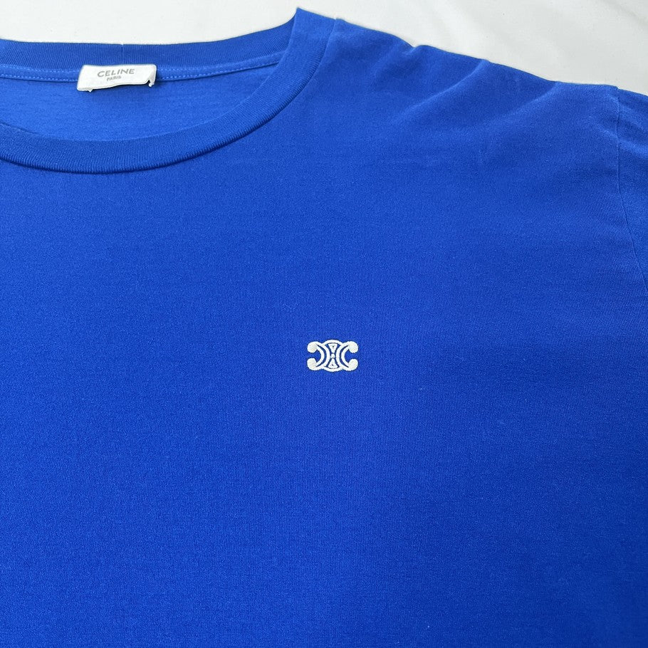 CELINE Triomphe Embroidered Cotton T-Shirt Blue