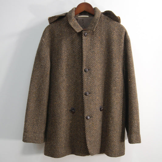 PAPAS Donegal Tweed Wool Jacket Brown Mouton Hood Size 46