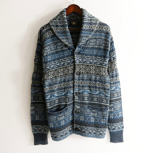 RRL Indigo Dye Fair Isle Shawl Collar Cardigan Size L