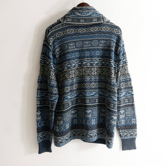 RRL Indigo Dye Fair Isle Shawl Collar Cardigan Size L