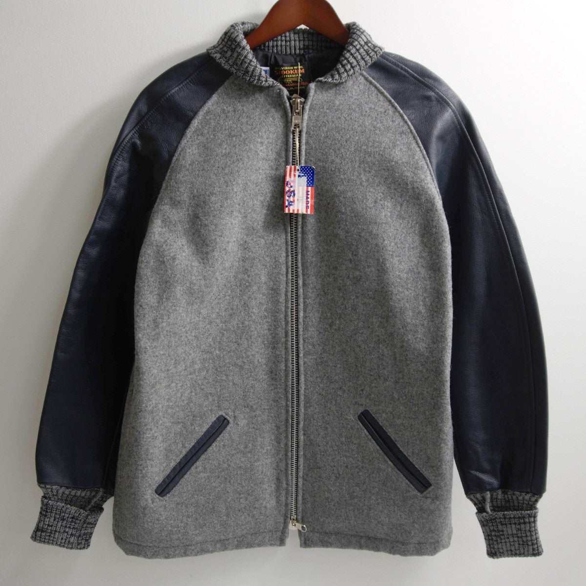SKOOKUM Melton Leather Varsity Jacket Navy/Gray Size 38