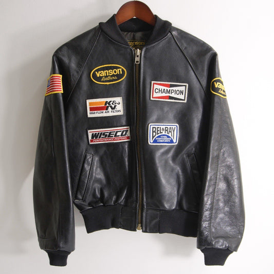 VANSON TJP All Leather Varsity Jacket Black Size 38