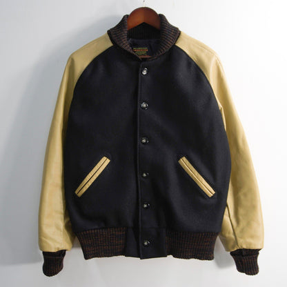 SKOOKUM Melton Leather Varsity Jacket Black Beige Size 40