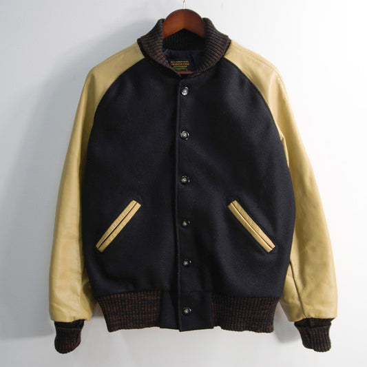 SKOOKUM Melton Leather Varsity Jacket Black Beige Size 40
